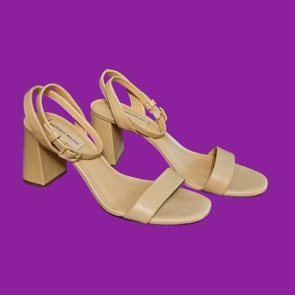 ANTONIO MELANI Gwyn Leather Beige Open Toe Strappy Block Platform Heel Sandals - Picture 1 of 14
